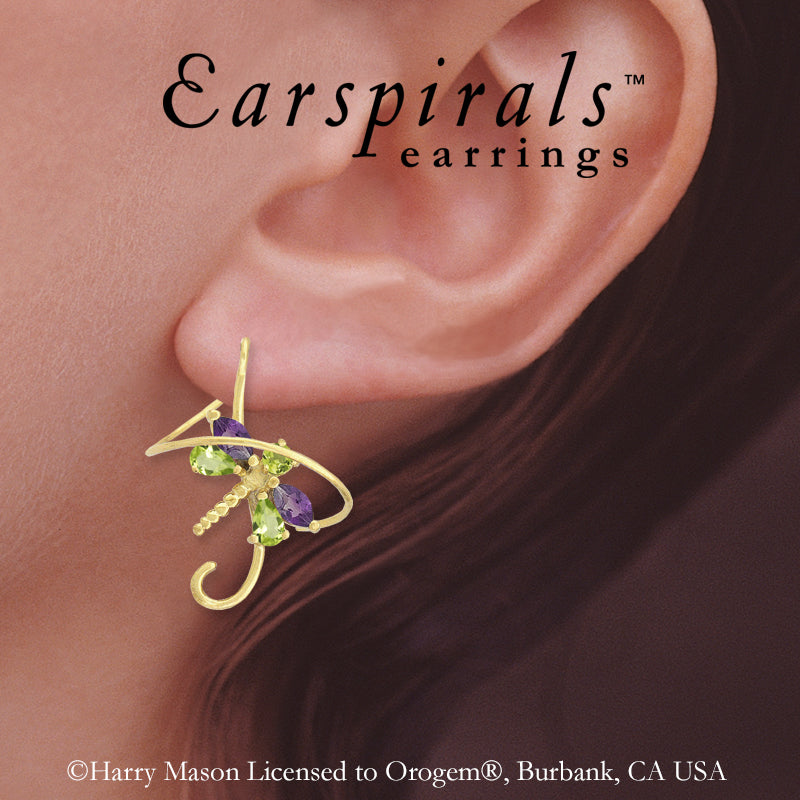 18k Gold Over Silver Multi Gemstone Dragonfly Earspirals Earrings