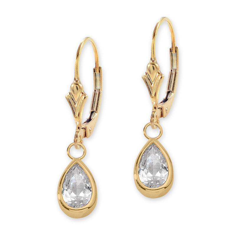 Gold over Silver Pear CZ Fleur-de-lis Leverback Earring
