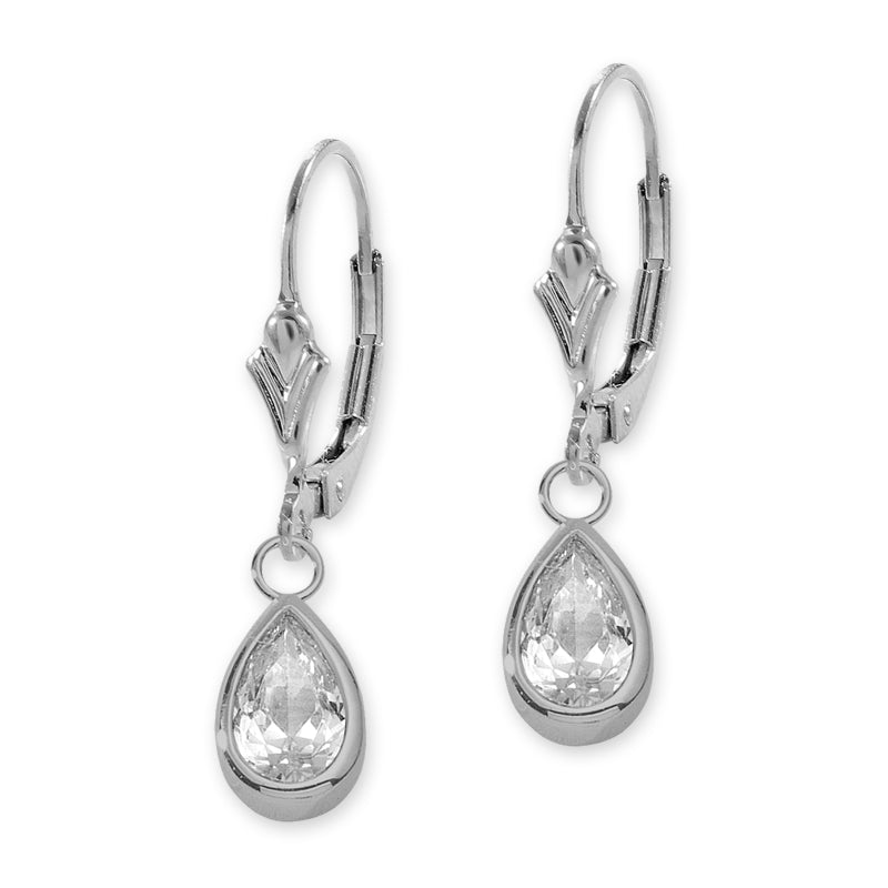 Silver Pear CZ Fleur-de-lis Leverback Earring