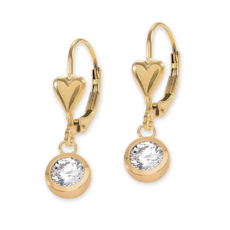 Gold over Silver Round CZ  Heart Leverback Earring