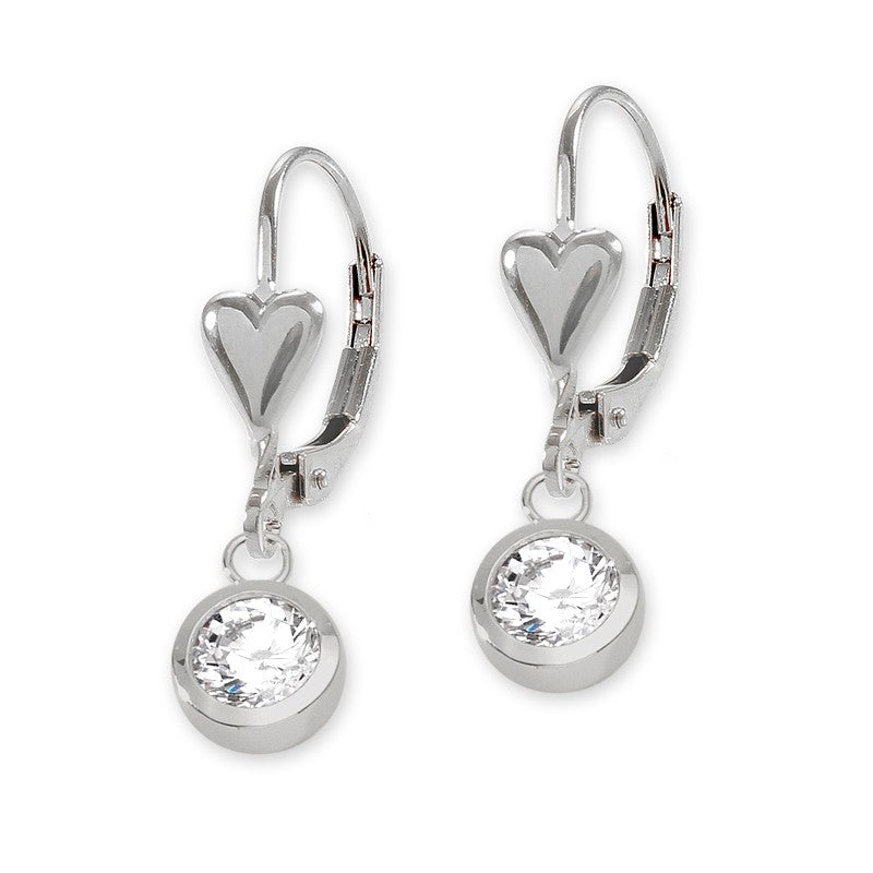 Silver Round CZ Heart Leverback Earring