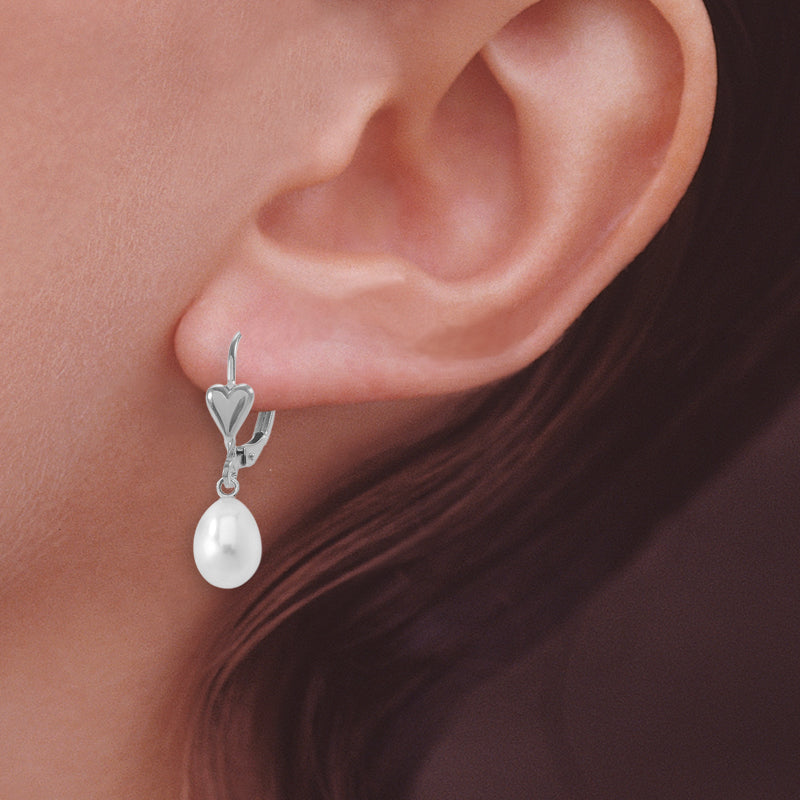 Pearl Teardrop Heart Leverback Earrings in Silver