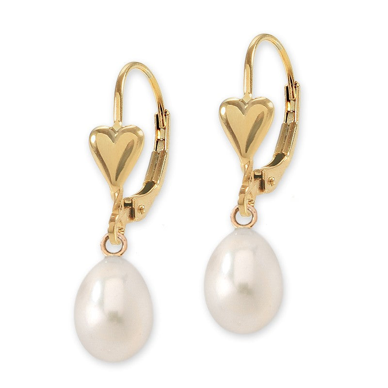 Gold over Silver Teardrop Pearl Heart Leverback Earring