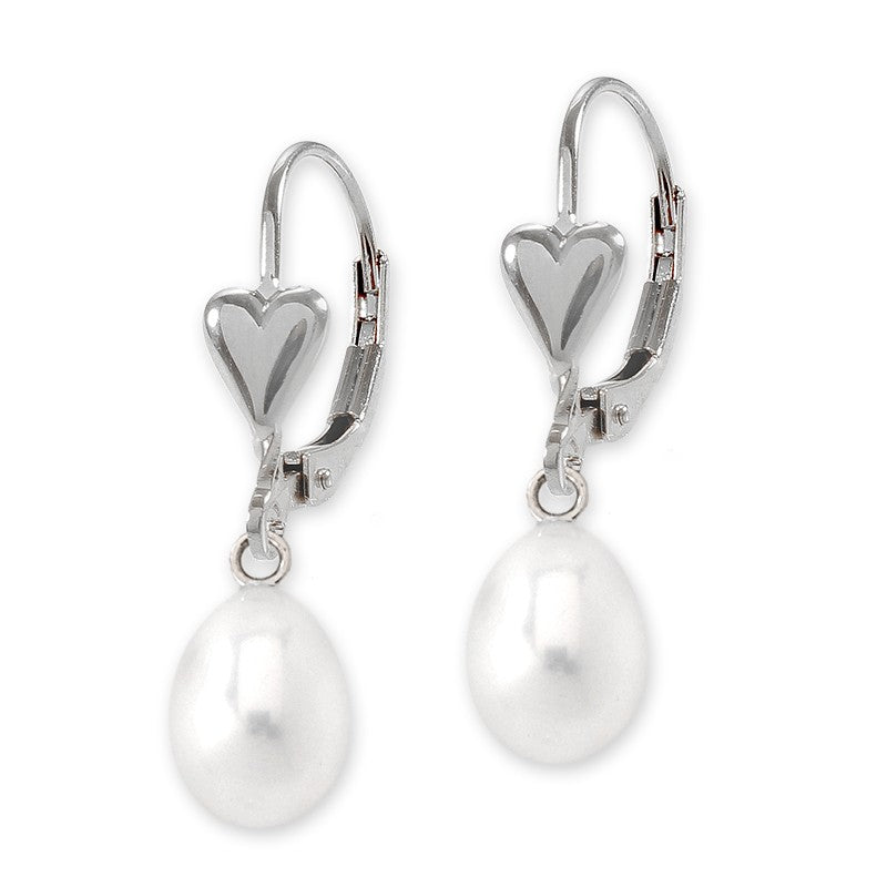 Silver Teardrop Pearl Heart Leverback Earring