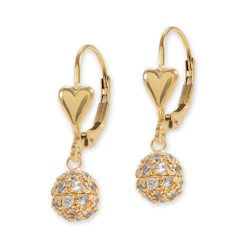Gold over Silver CZ Bead Heart Leverback Earring
