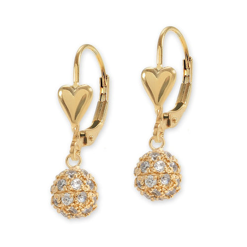 Gold over Silver CZ Bead Heart Leverback Earring