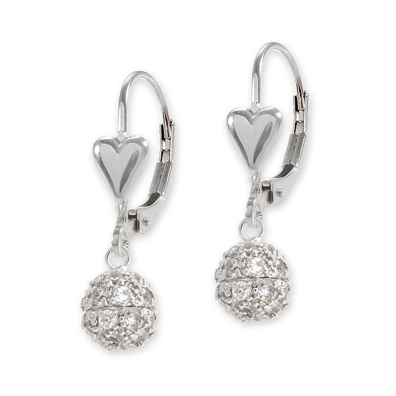 Silver CZ Bead Heart Leverback Earring