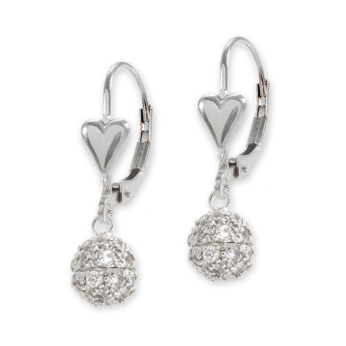 Silver CZ Bead Heart Leverback Earring
