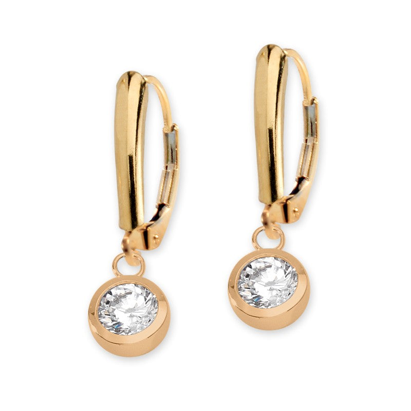 Gold over Silver Round CZ Shield Leverback Earring