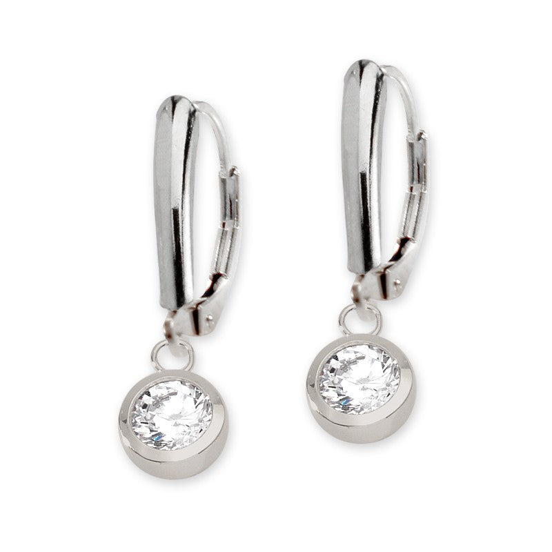 Silver Round CZ Shield Leverback Earring