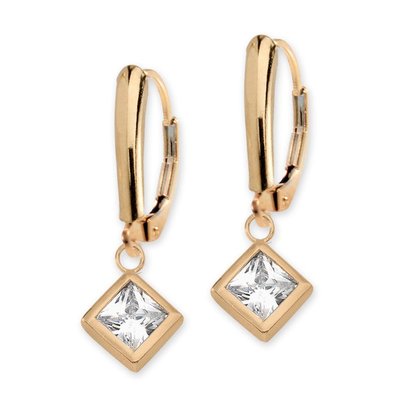 Gold over Silver Princess CZ Shield Leverback Earring