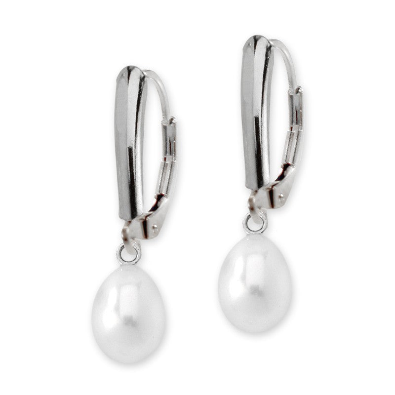 Silver Pearl Dangle Leverback Earring