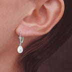 Silver Teardrop Pearl Fleur-de-lis Leverback Earring