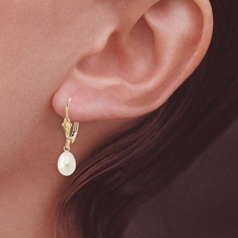 Gold over Silver Teardrop Pearl Fleur-de-lis Leverback Earring