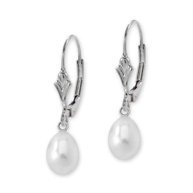 Silver Teardrop Pearl Fleur-de-lis Leverback Earring