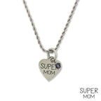 Stainless Steel Birthstone Super Mom Small Heart Pendant Necklace Chain