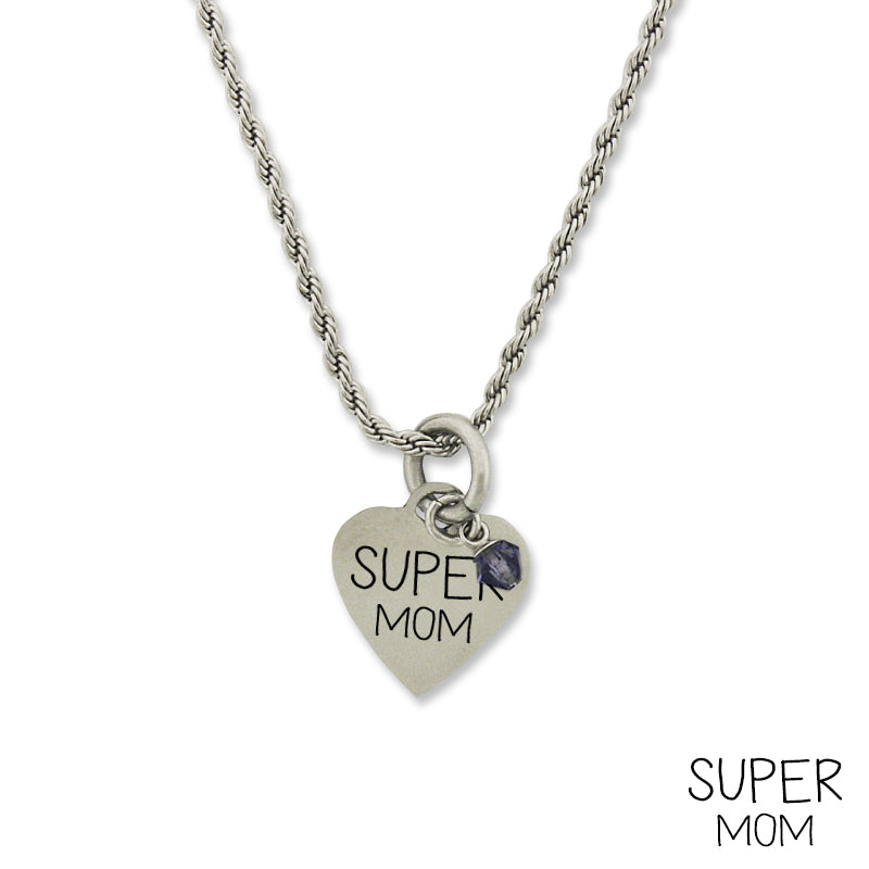 Stainless Steel Birthstone Super Mom Small Heart Pendant Necklace Chain
