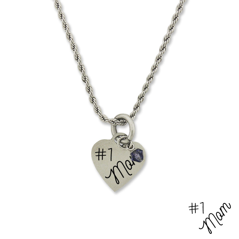 Stainless Steel Birthstone #1 Mom Small Heart Pendant Necklace Chain