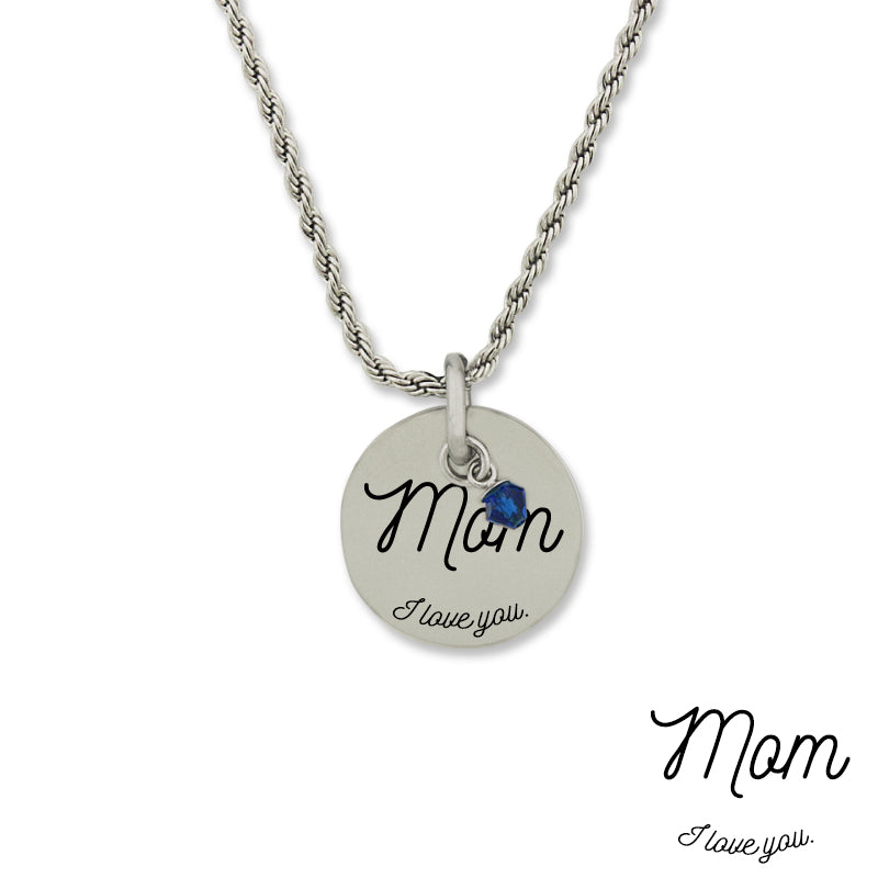 Stainless Steel Birthstone Mom I Love You Pendant Necklace