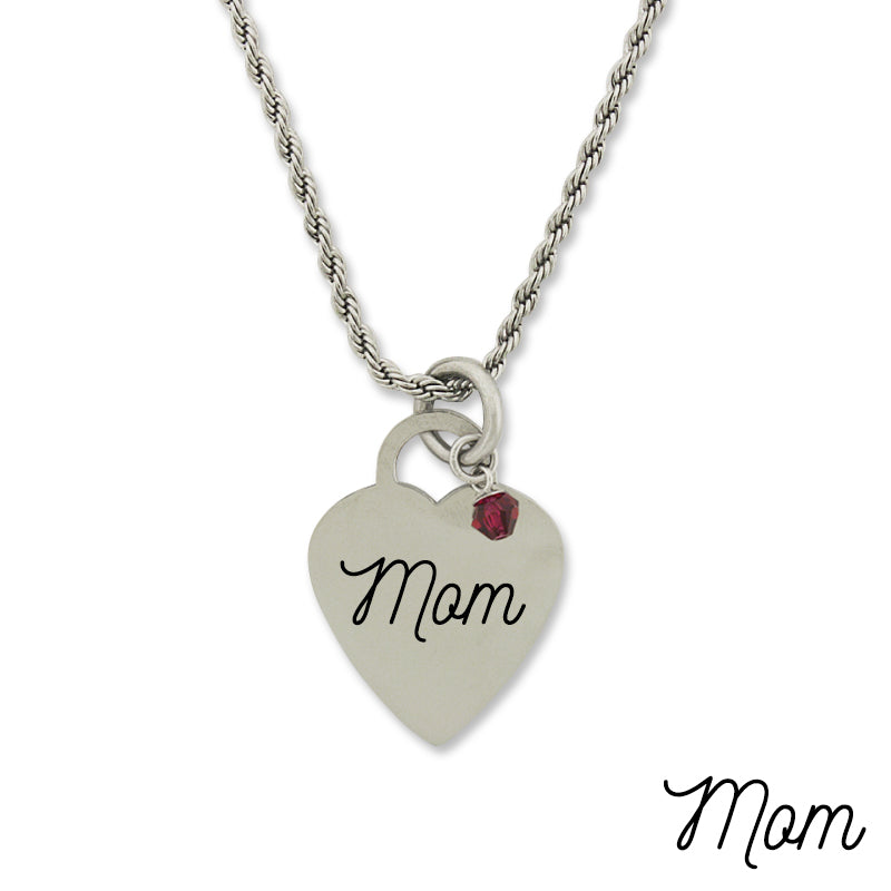 Stainless Steel Birthstone Mom Heart Pendant Necklace Chain