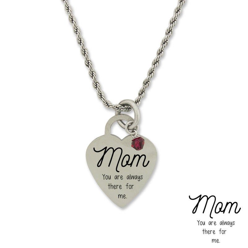 Stainless Steel Birthstone Always There Mom Heart Pendant Necklace Chain
