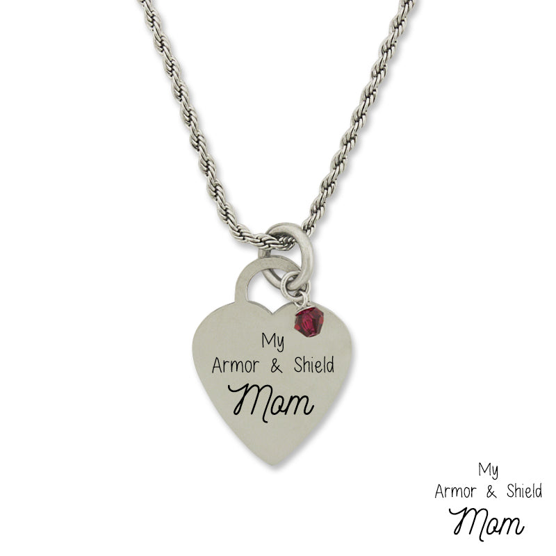 Stainless Steel Birthstone Mom Armor & Shield Heart Pendant Necklace Chain