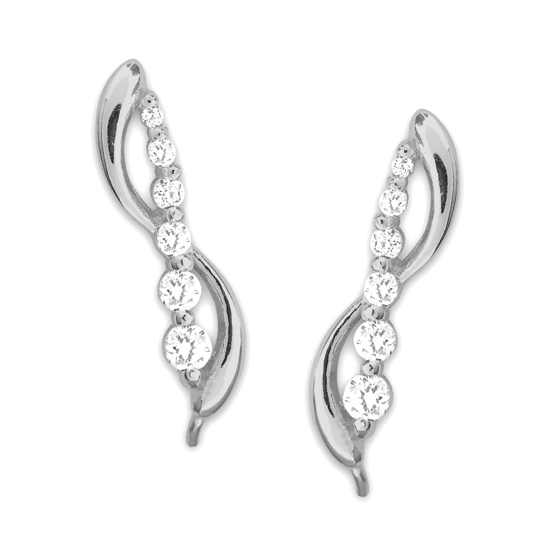 Ear Climber Earrrings Ear Pin Graduated Cubic Zirconia Swirls Sterling Silver
