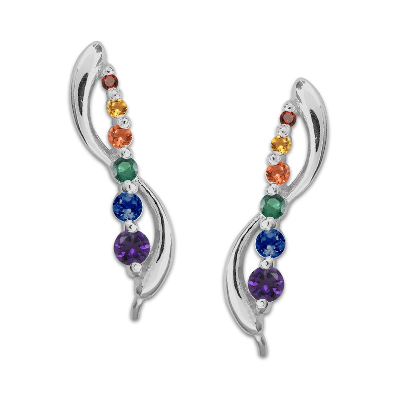 Ear Climber Earrrings Ear Pin Rainbow Gemstones 14k White Gold