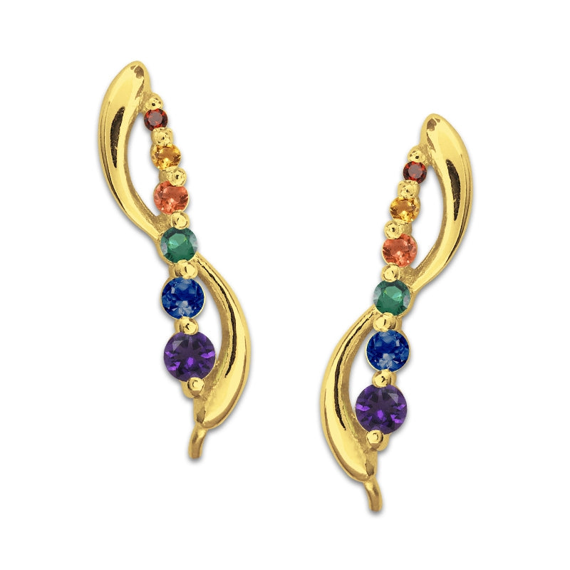 Ear Climber Earrrings Ear Pin Rainbow Gemstones 14k Yellow Gold
