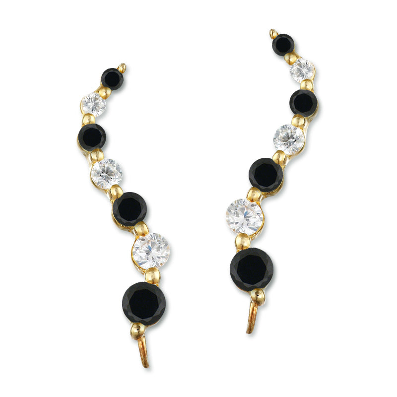 Gold Over Silver Black Cubic Zirconia Journey Ear Pin Earrings - Large Version
