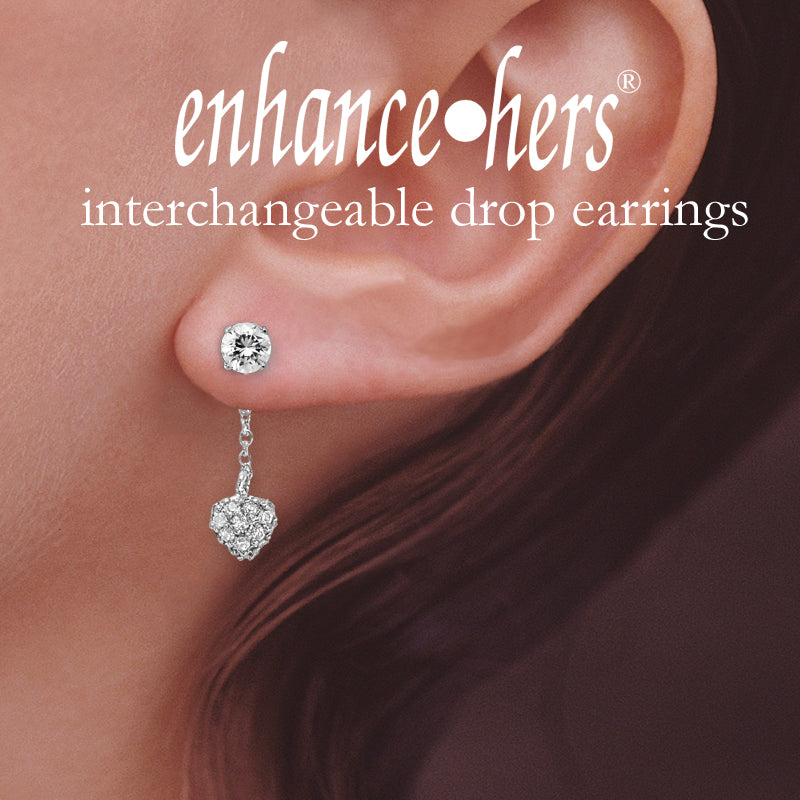 Silver Cubic Zirconia Stud Heart CZ Dangle Interchangeable Enhancers Earrings