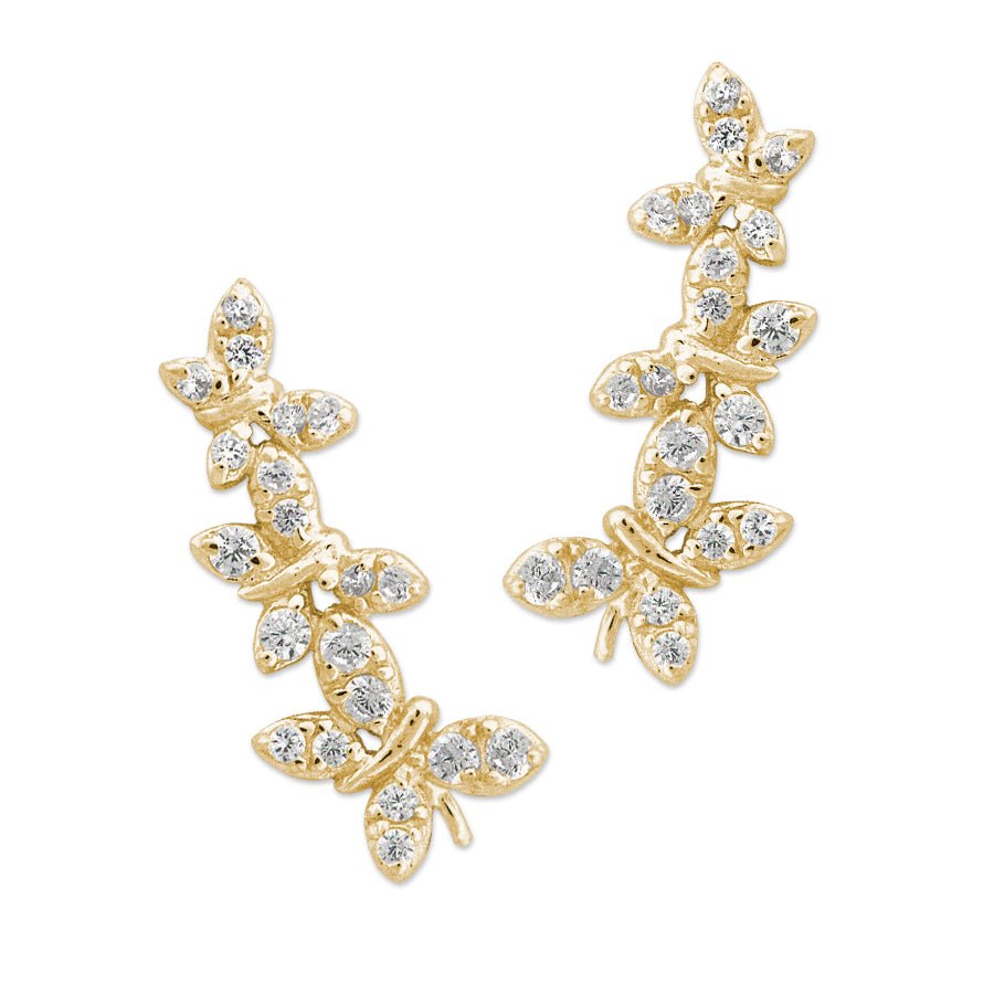 Gold Over Silver Cubic Zirconia Butterfly Ear Pin Earrings