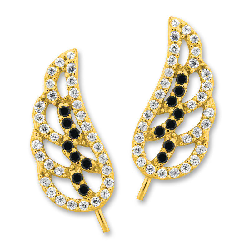 Ear Climber Earrings White and Black Round Cubic Zirconia Angel Wings - Ear Pin Earrings in 18k Gold over Sterling Silver - CZ Ear Crawler Earrings