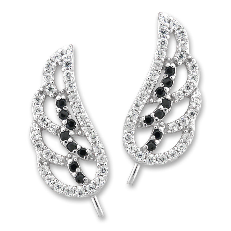 Ear Climber Earrings White and Black Round Cubic Zirconia Angel Wings - Ear Pin Earrings in Sterling Silver - CZ Ear Crawler Earrings