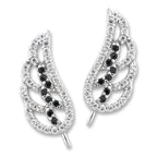 Ear Climber Earrings White and Black Round Cubic Zirconia Angel Wings - Ear Pin Earrings in Sterling Silver - CZ Ear Crawler Earrings