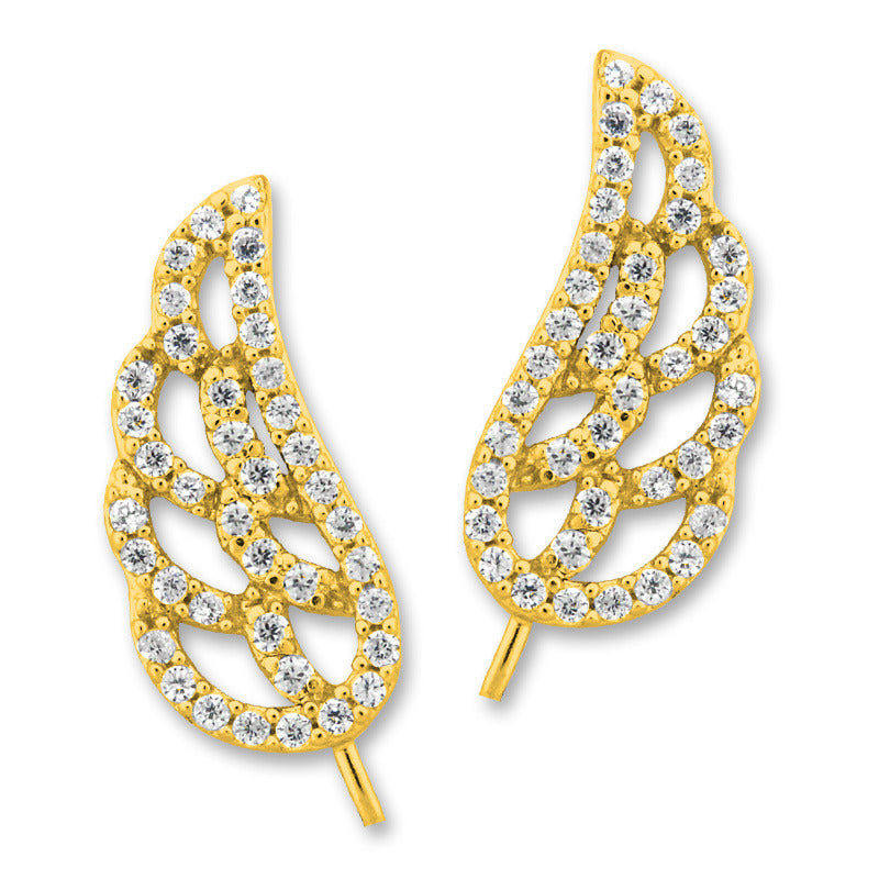 Ear Climber Earrings Cubic Zirconia Angel Wings - Ear Pin Earrings in 18k Gold Over Sterling Silver - CZ Ear Crawler Earrings