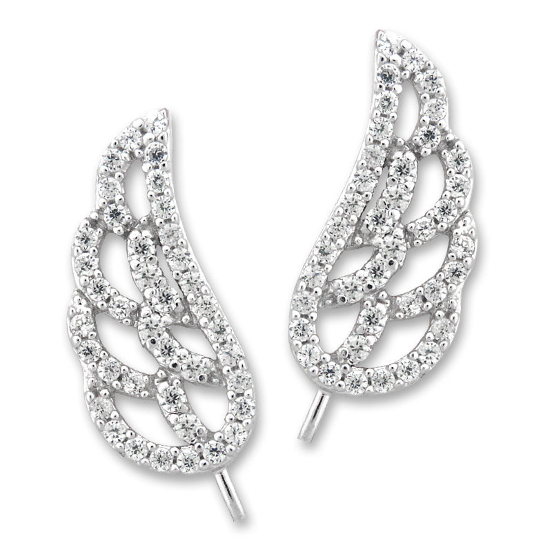 Ear Climber Earrings Cubic Zirconia Angel Wings - Ear Pin Earrings in Sterling Silver - CZ Ear Crawler Earrings