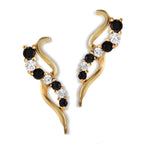 Ear Pin Ear Climber Earrings Graduating Black Cubic Zirconia Curves in Gold Over Silver