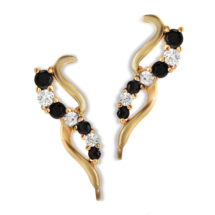 Ear Pin Ear Climber Earrings Graduating Black Cubic Zirconia Curves in Gold Over Silver
