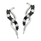 Ear Pin Ear Climber Earrings Graduating Black Cubic Zirconia Curves Sterling Silver