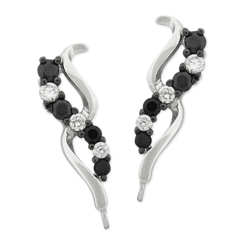 Ear Pin Ear Climber Earrings Graduating Black Cubic Zirconia Curves Sterling Silver