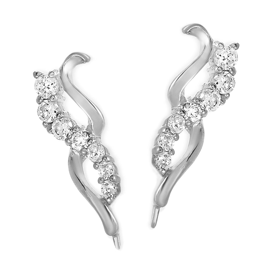 Ear Pin Ear Climber Earrings Graduating Cubic Zirconia Curves Sterling Silver 