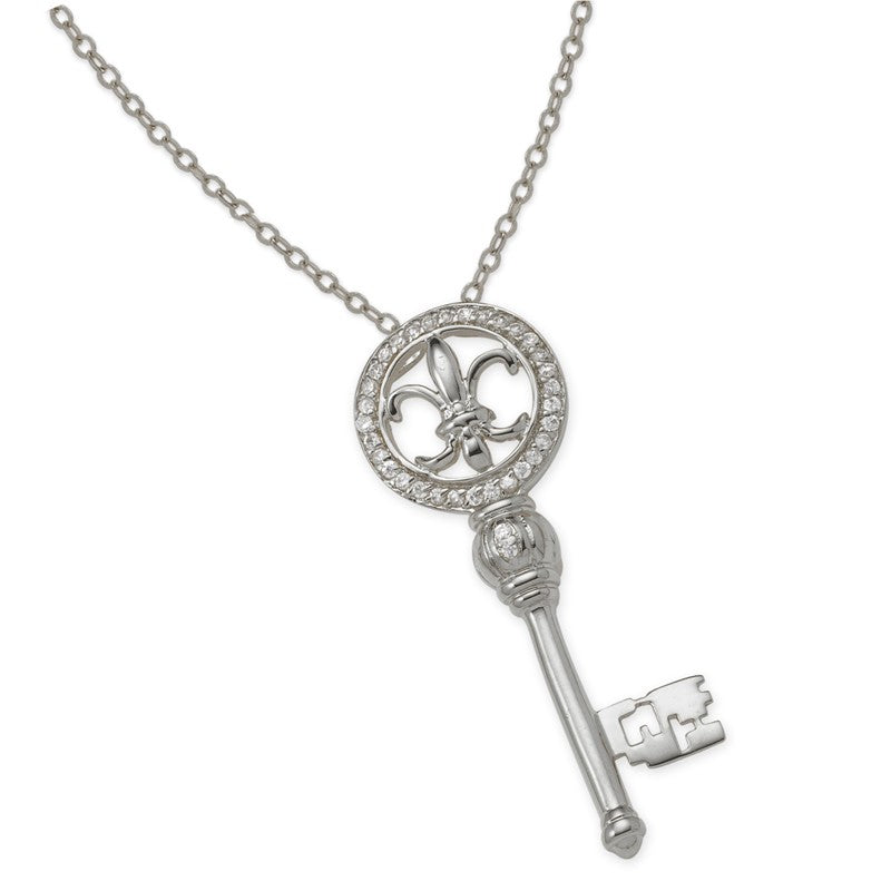 Cubic Zirconia Fleur de Lis Key Pendant Necklace in Silver