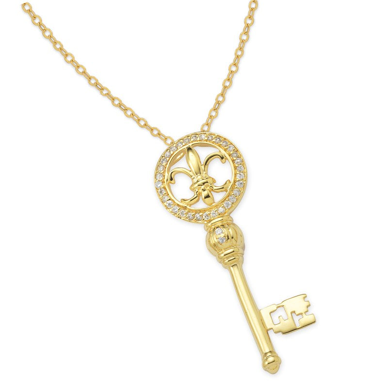 Cubic Zirconia Fleur de Lis Key Pendant Necklace in Gold Over Silver