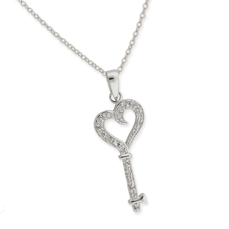 Silver Cubic Zirconia Stylized Heart Key Pendant