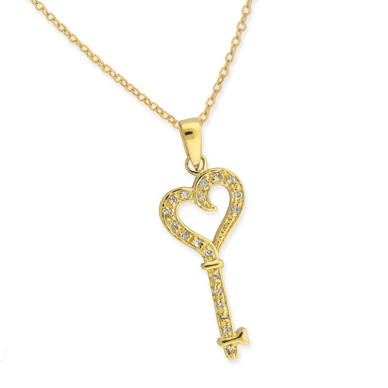 Gold over Silver Cubic Zirconia Stylized Heart Key Pendant