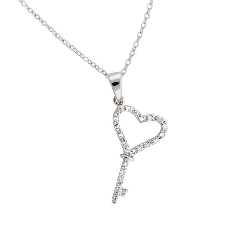 Cubic Zirconia Stylized Angled Heart Key Pendant Necklace in Silver