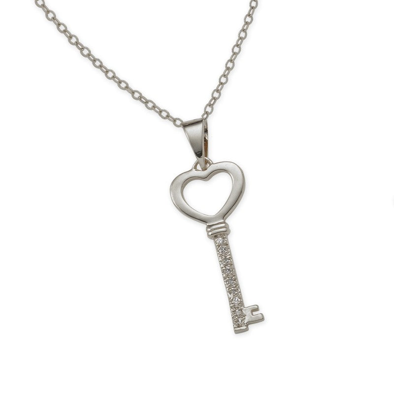Silver Cubic Zirconia Heart Key Pendant