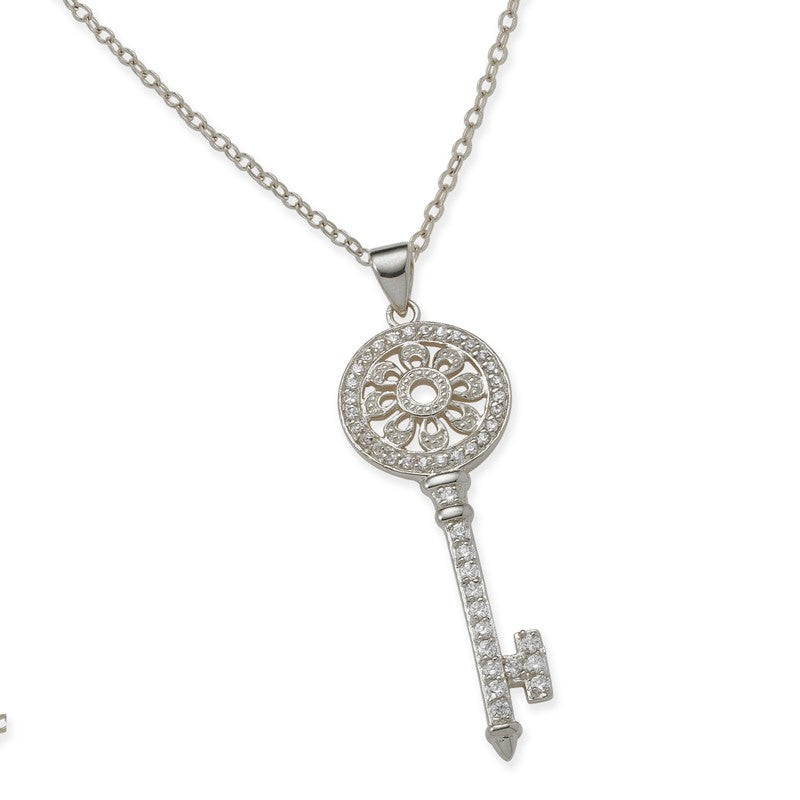 Cubic Zirconia Cathedral Rosetta Key Pendant Necklace in Silver