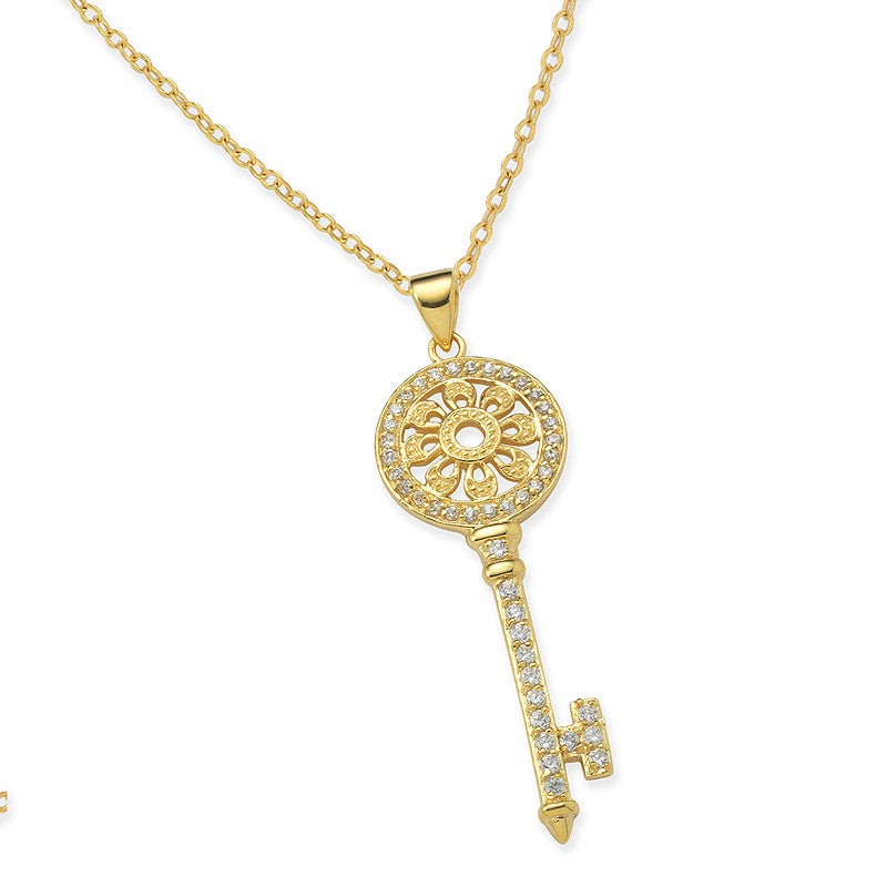 Cubic Zirconia Cathedral Rosetta Key Pendant Necklace in Gold Over Silver